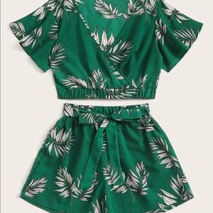 Leaf Print Surplice Front Top and Belted Shorts